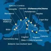 Italy, Corsica (France), Balearic Islands, Spain, France