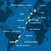 Brazil, Canary Islands, Morocco, Spain, Portugal, France, England, Denmark, Germany