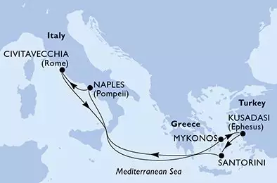 Kusadasi,Santorini,Naples,Civitavecchia,Mykonos,Kusadasi