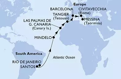 Rio de Janeiro,Santos,Mindelo,Las Palmas de G.Canaria,Tangier,Barcelona,Civitavecchia,Messina